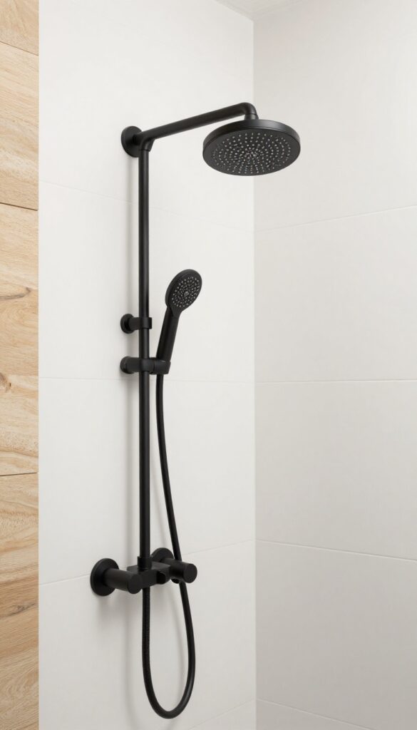 Modern walk-in shower with matte black fixtures against white tile and glass in bright natural light