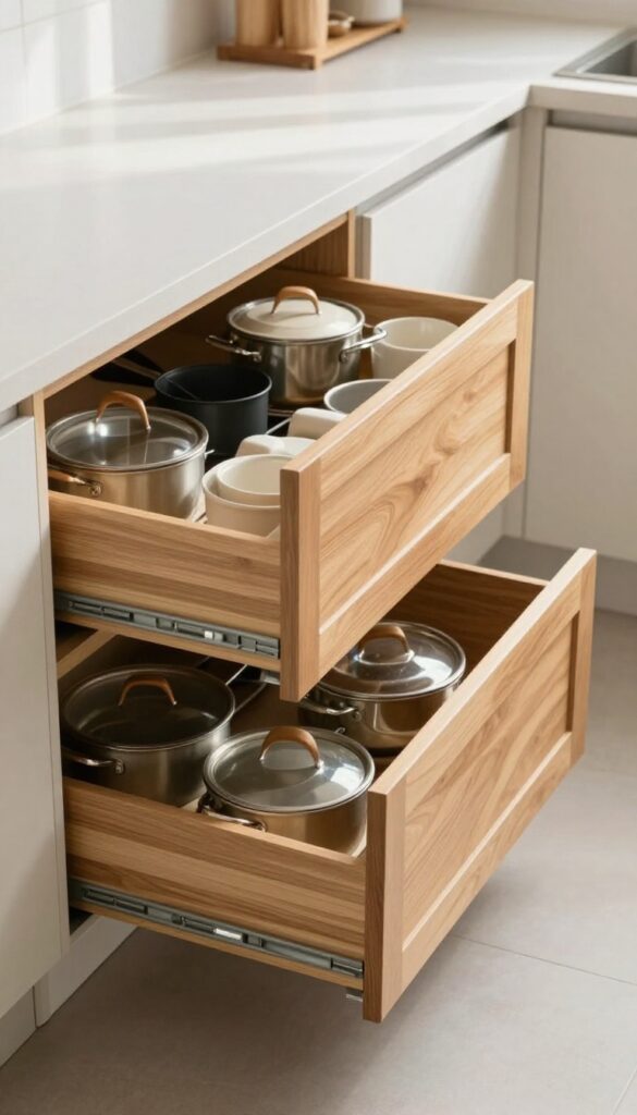 Deep kitchen drawers organized with pots, pans, and lids using dividers.