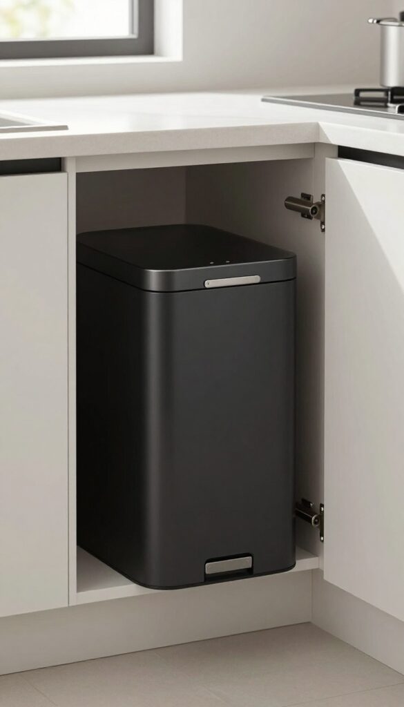Wall-mounted slim trash can inside open cabinet door in a bright, modern kitchen with natural light and clean surfaces.
