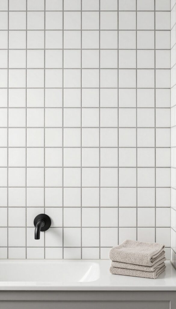 Close-up of a shower wall with white subway tiles in a herringbone pattern and dark charcoal grout lines, creating a striking contrast in a minimalist bathroom setting with matte black fixtures.