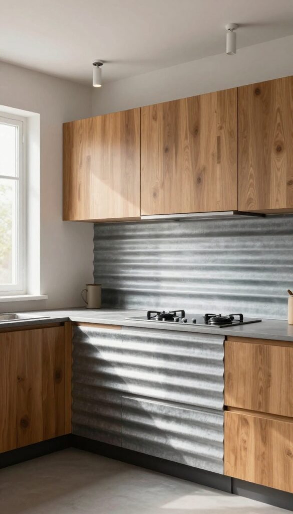 Kitchen with corrugated metal backsplash, warm wood cabinets, and soft pendant lights