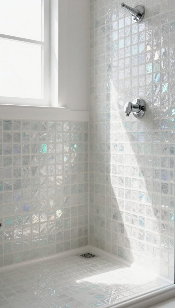 Close-up of glass mosaic tiles on a shower floor, reflecting light to brighten a modern bathroom