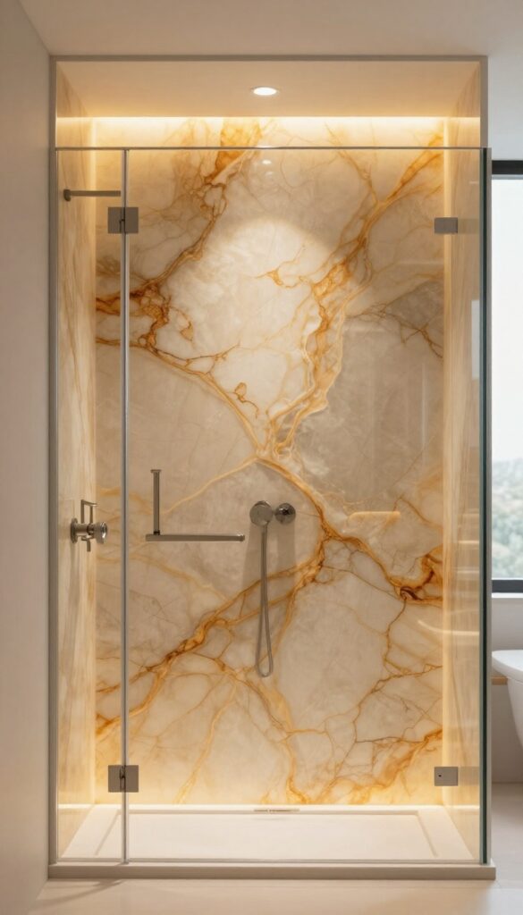 Backlit onyx shower with warm glow highlighting natural veins