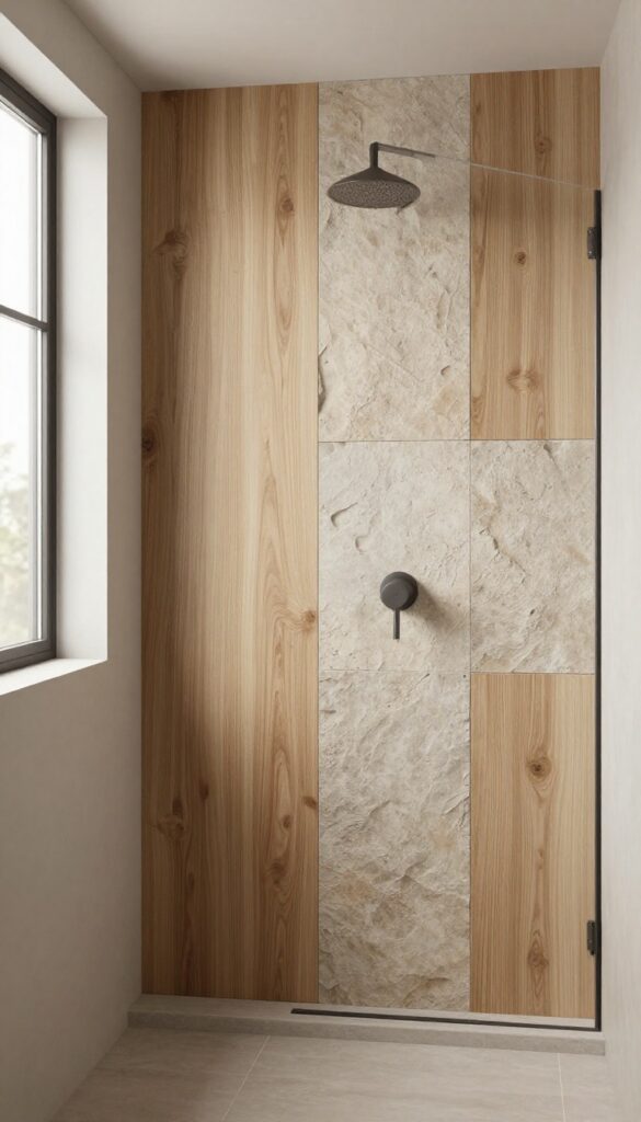 A modern bathroom shower half wall with mixed wood and stone materials in bright natural light, showcasing a cozy yet sleek design for spa-like inspiration.