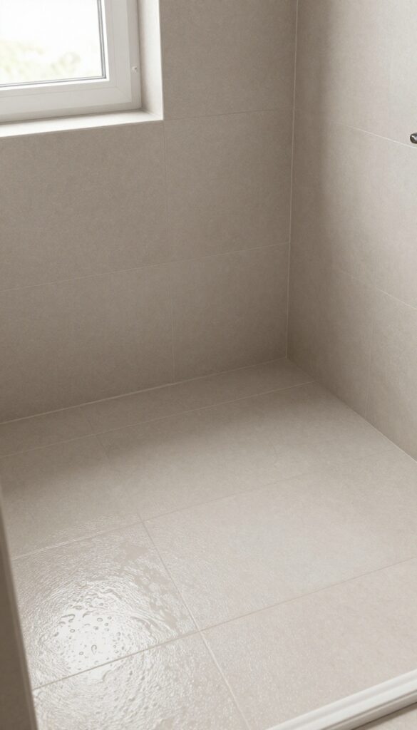 Close-up of textured bathroom shower floor tiles in natural light, demonstrating slip resistance and stylish design for a polished bathroom.