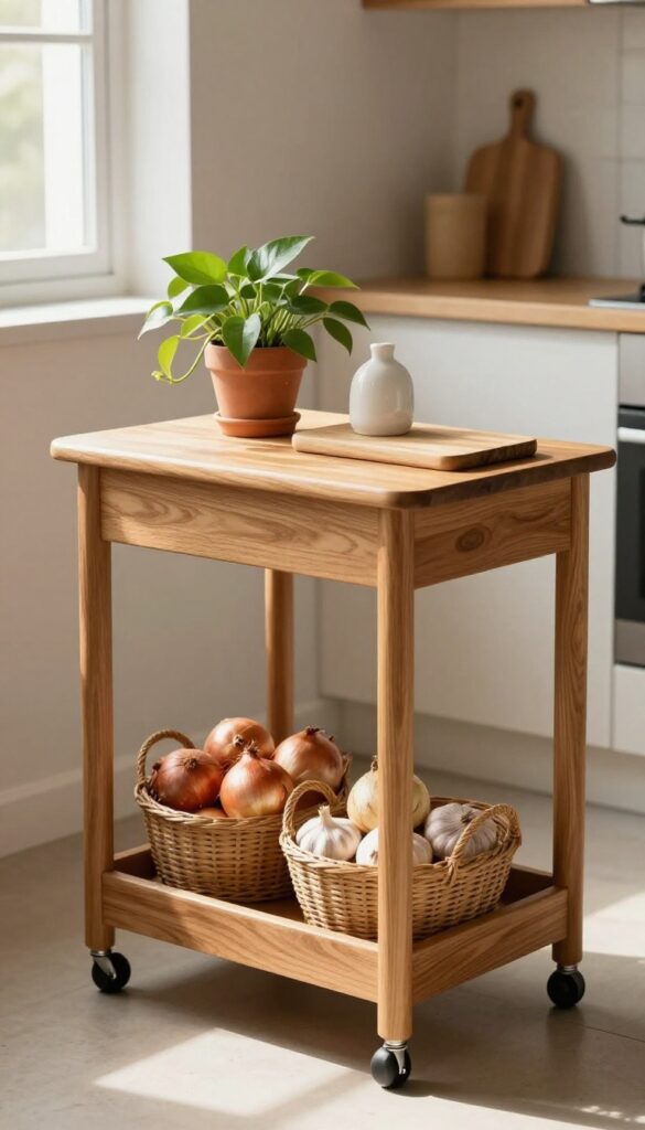 Small kitchen with a butcher-block rolling cart providing extra prep space, featuring a cutting board, utensil crock, pothos plant, and woven baskets.