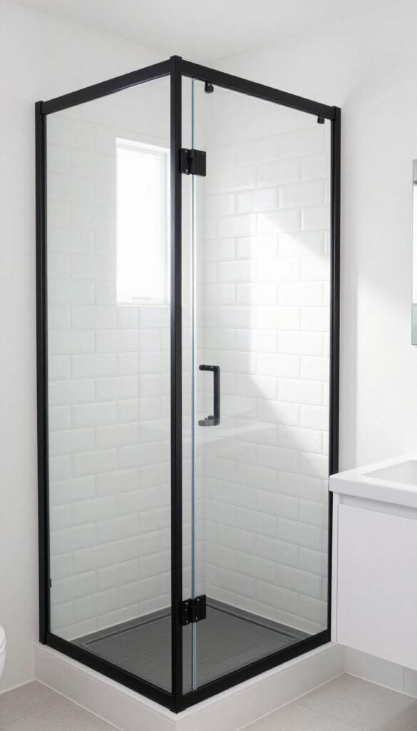 Modern bathroom with black framed glass shower enclosure, white subway tile, matte black fixtures, natural light