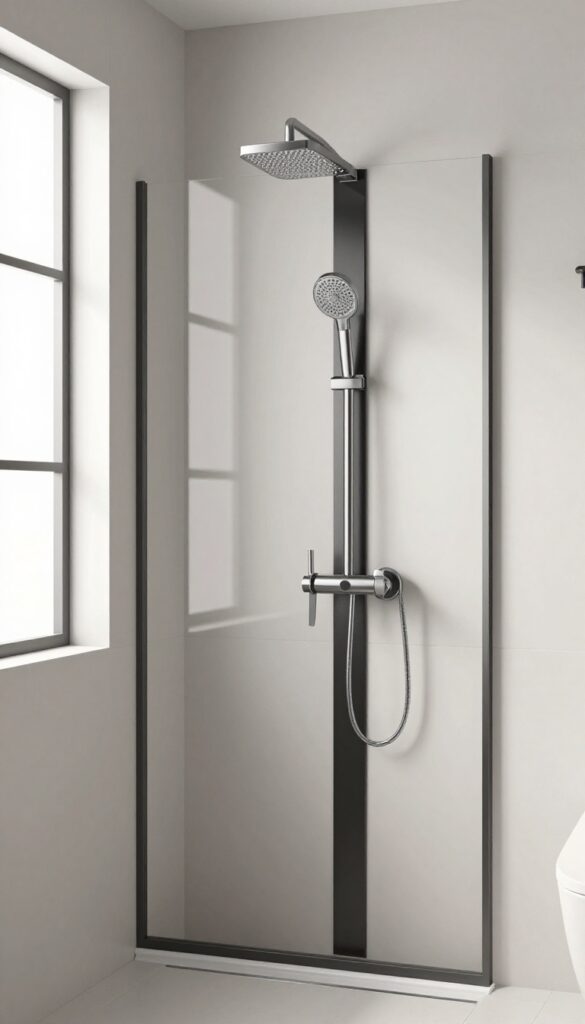 A modern bathroom shower with a narrow black tile accent strip behind the chrome showerhead on a light-colored wall
