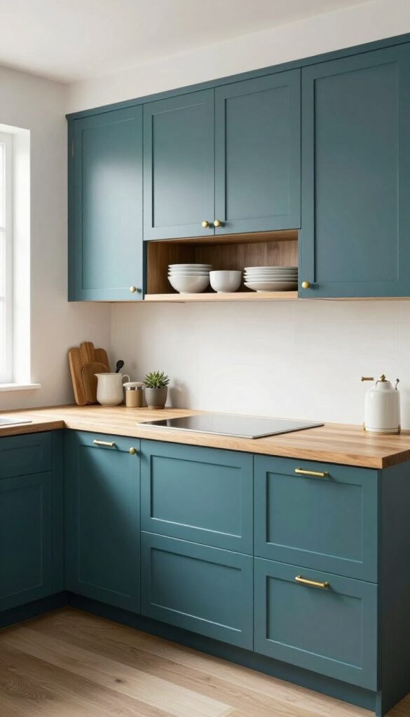 Teal lower cabinets with pull-out pantry drawers in a bright kitchen with natural wood and brass accents.
