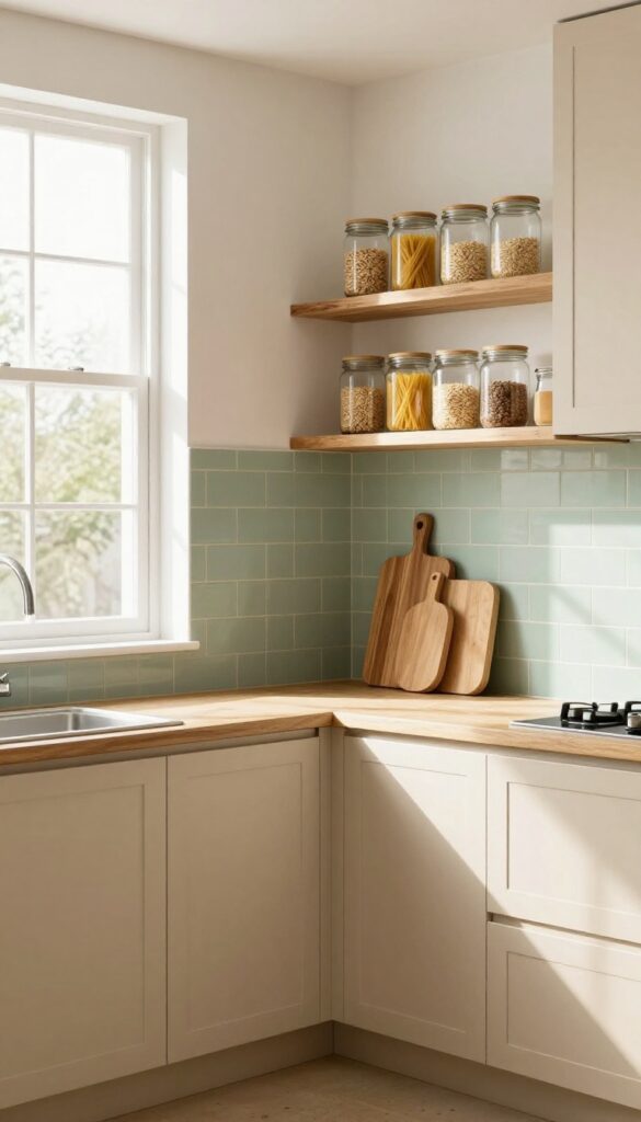 Warm beige kitchen cabinets paired with sage green subway tile backsplash, natural light, open shelving with glass jars and wood accents