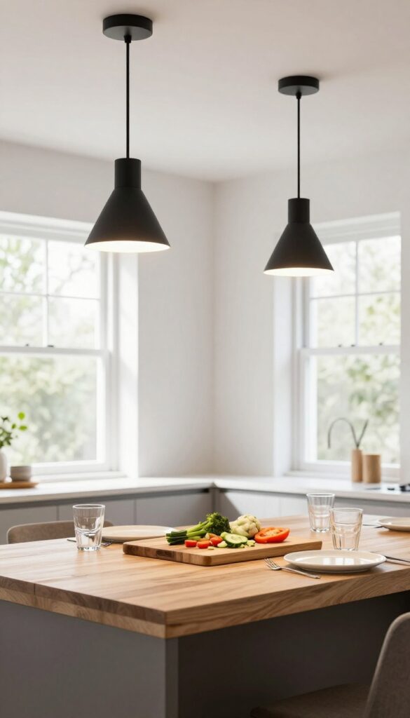 Modern kitchen island with two matte black swing-arm pendant lights angled over a cutting board and dining setup