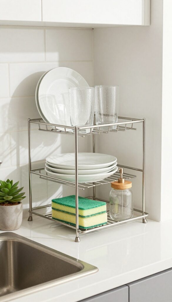 Over-the-sink drying rack with storage shelf in a bright modern kitchen