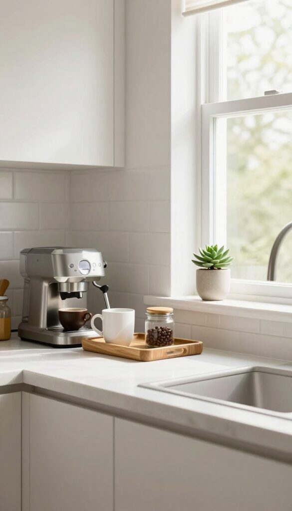 A modern kitchen coffee corner with a wooden tray holding an espresso machine, ceramic mug, jar of beans, and a small plant on a clean countertop.