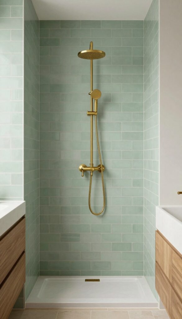 A bathroom shower with soft green tile in muted sage tones, featuring wood accents and brass fixtures for a calm and stylish look.