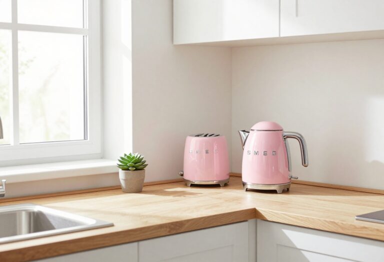 Bright kitchen with pastel pink Smeg kettle and toaster on white countertop