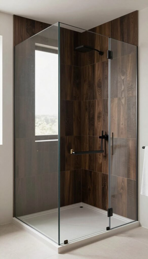 A modern shower with dark wood-look tile walls in natural light, featuring clear glass and matte black fixtures for a moody yet sophisticated bathroom design.