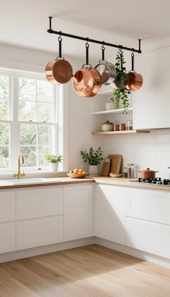 Open pot rack with copper cookware hanging in a bright white kitchen