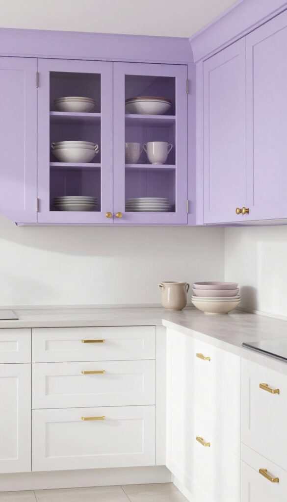 Lavender upper cabinets with glass fronts in a bright kitchen