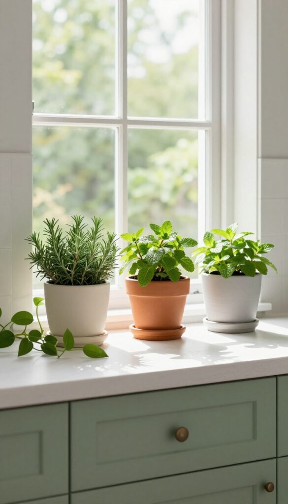 Sage green kitchen with herb plants on windowsill in ceramic pots