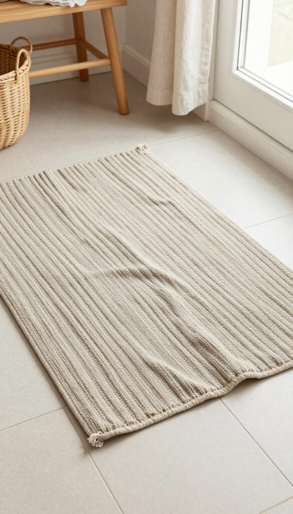 A woven cotton mat on a bathroom floor with natural light and wooden accents, showcasing handmade charm for home decor inspiration.