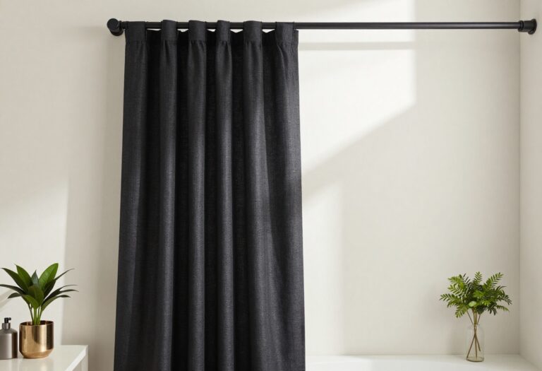 Modern bathroom featuring a curved matte black shower curtain rod with a linen curtain, plants, and soft lighting for a stylish, inviting space.
