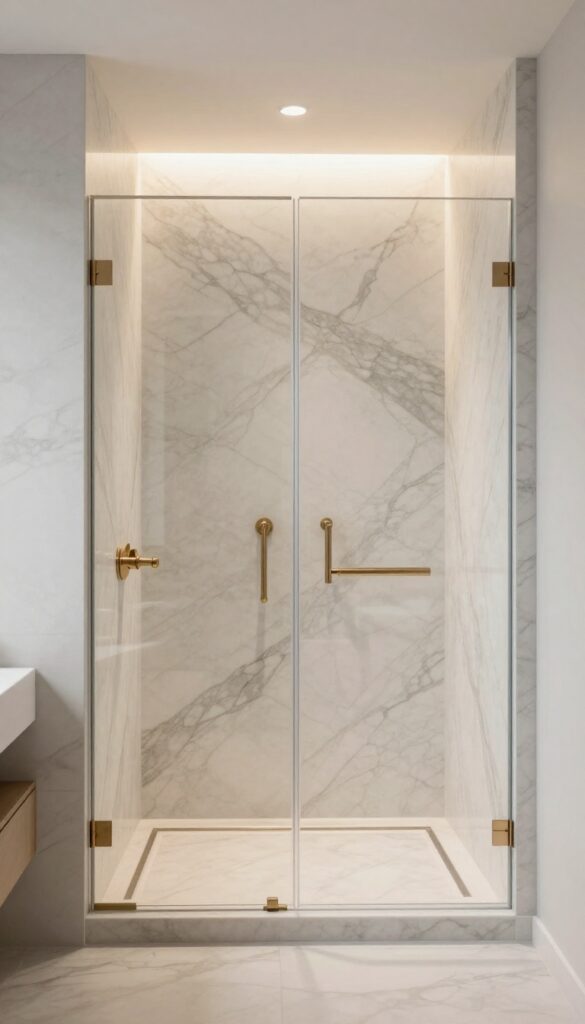 A walk-in shower with a marble accent wall behind it, showcasing natural veining and texture in bright natural light, paired with minimalist hardware and warm lighting for a classic and luxe bathroom design.