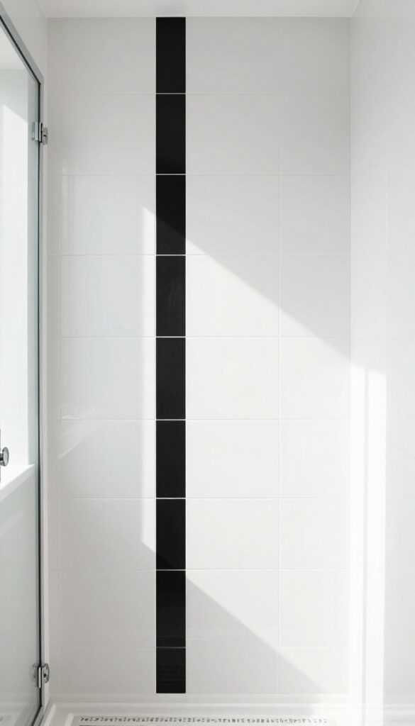 White shower with single vertical black tile stripe from floor to ceiling