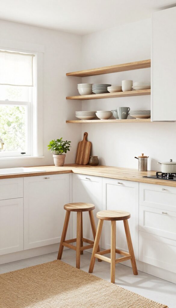 Soft white kitchen with warm wood accents and natural light