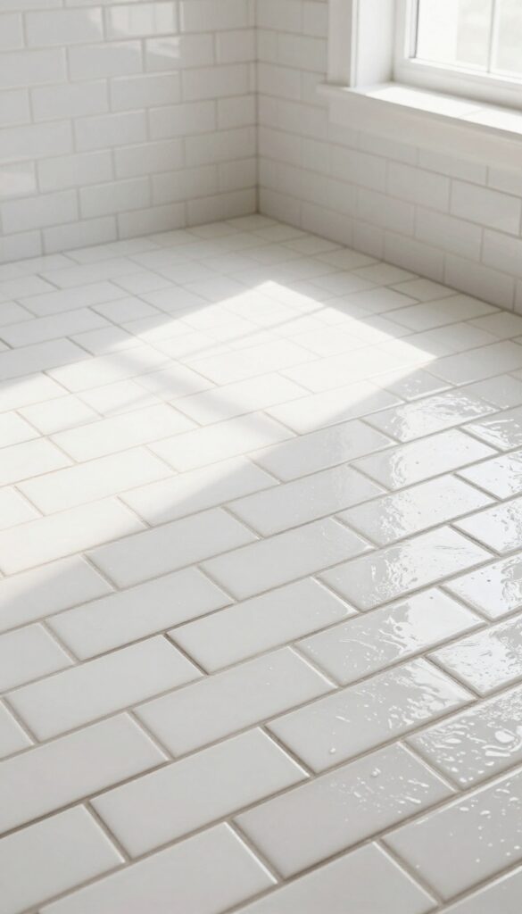 Close-up view of a shower floor with white subway tiles and dark grout lines, showcasing a clean, timeless bathroom design with natural lighting.
