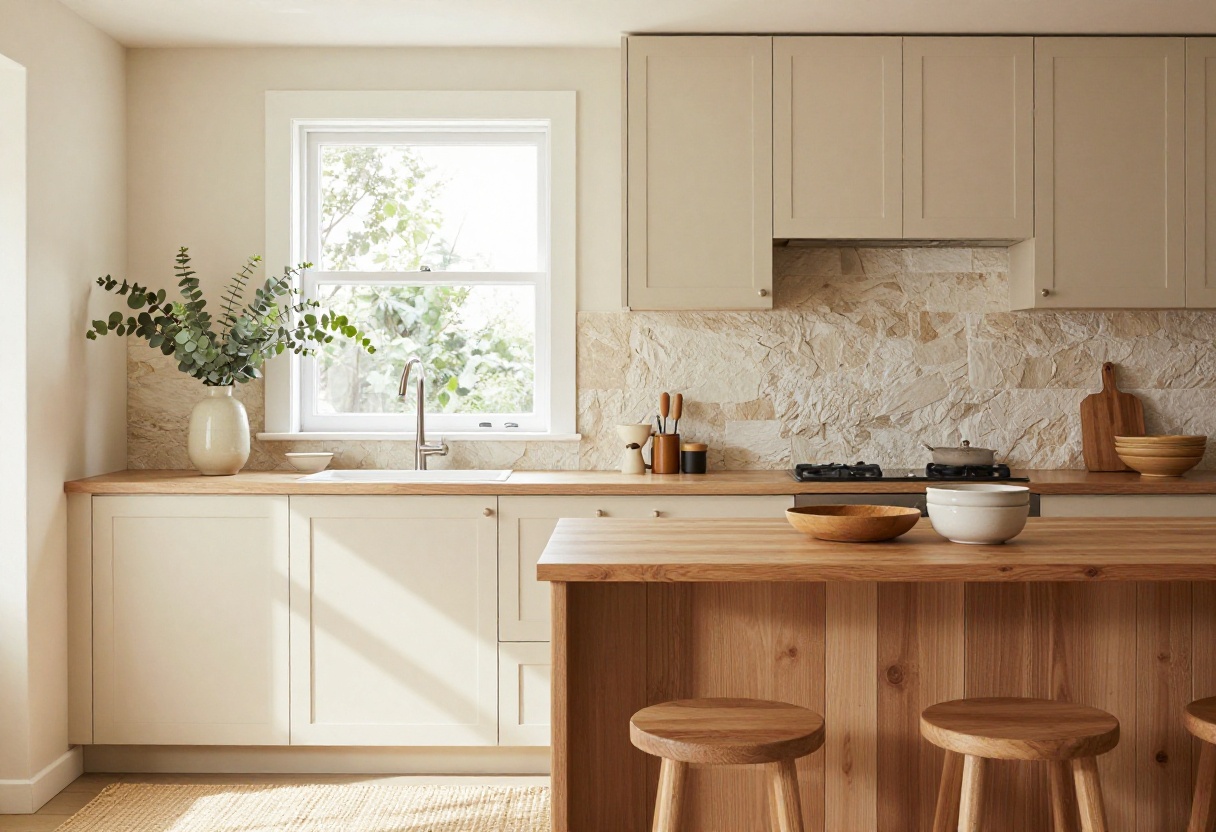 Cozy beige kitchen with wood island, stone backsplash, and eucalyptus on counter