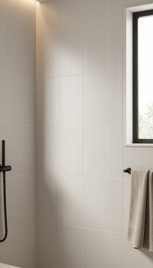 A modern bathroom shower featuring vertical textured subway tiles in matte finish, with natural light highlighting the tactile surface and simple black fixtures.