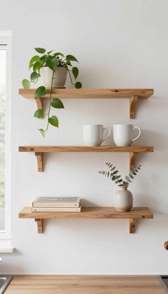 Floating shelves with everyday essentials like mugs, plant, and cookbook on a blank kitchen wall