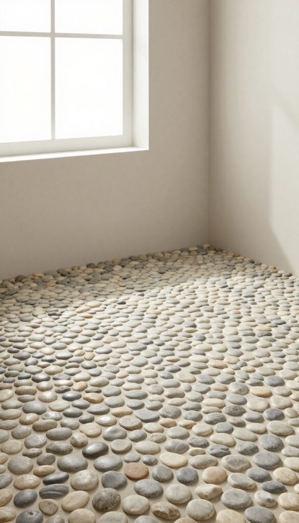 A shower with pebble tile floor in neutral colors, showcasing natural texture and spa-like feel for bathroom design inspiration.
