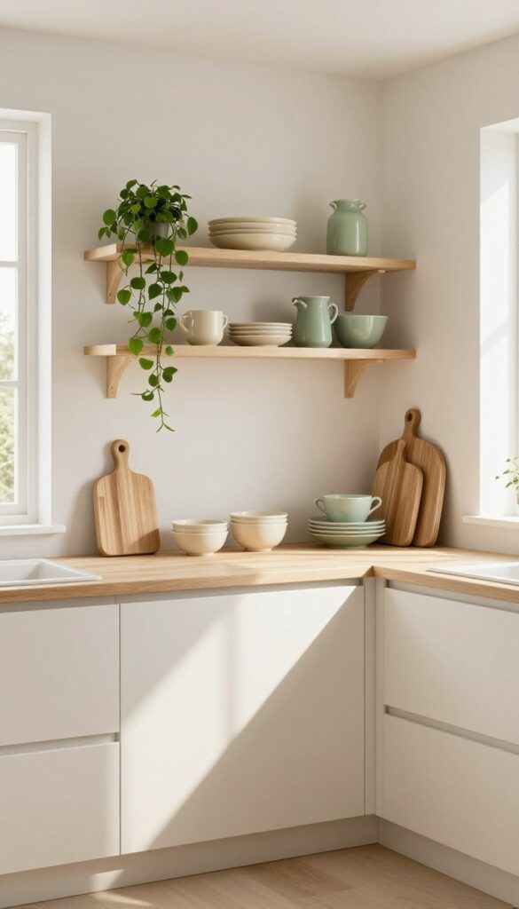 Cream kitchen with open shelving displaying curated dishes and ceramics in natural light.