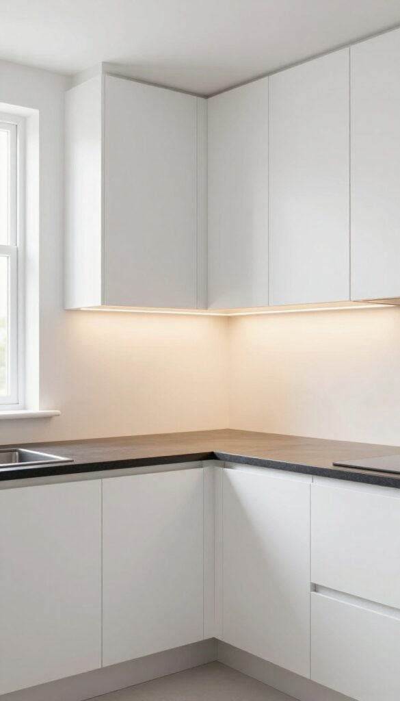 Narrow kitchen with under-cabinet lighting creating depth and warmth on dark countertop