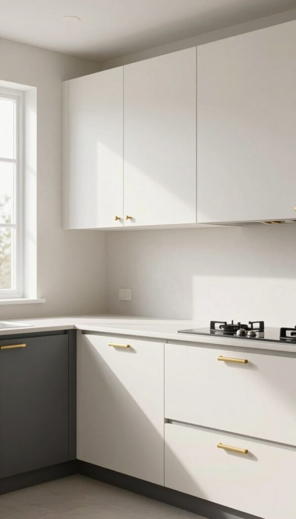Modern kitchen with two-tone cabinets: creamy white uppers and charcoal gray lowers, brushed brass hardware, light backsplash, natural light.