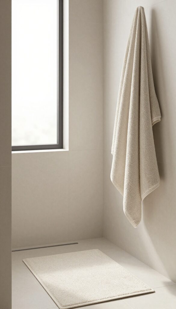 A heated mat in a modern bathroom with natural light and soft towels for added luxury and warmth.