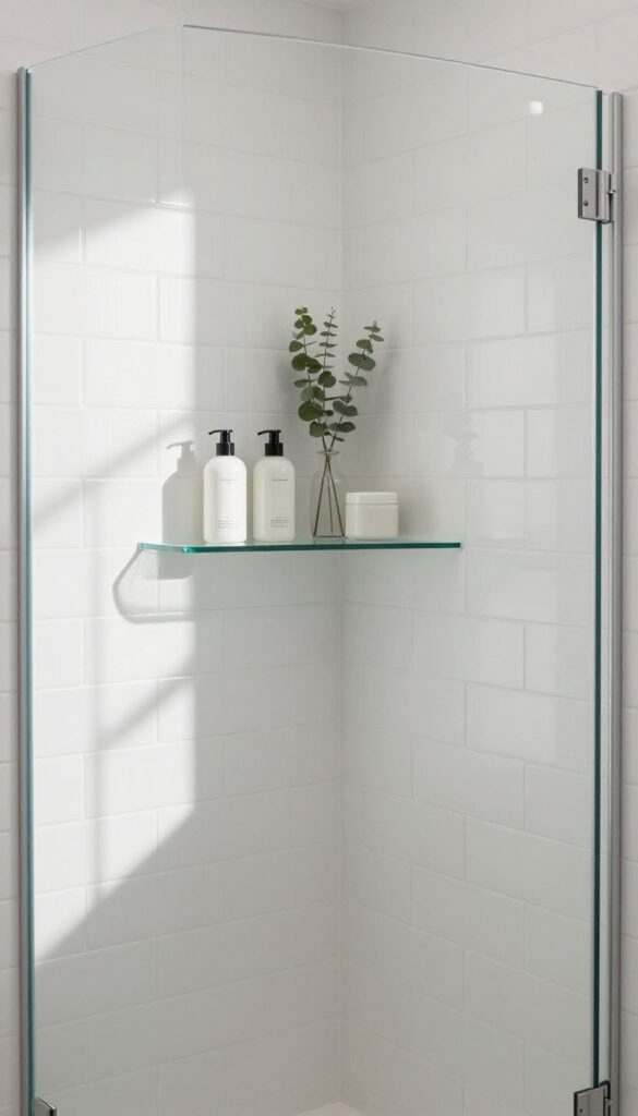A floating glass shelf in a corner shower holding three matching bottles and eucalyptus, with natural light highlighting the clean tile wall.