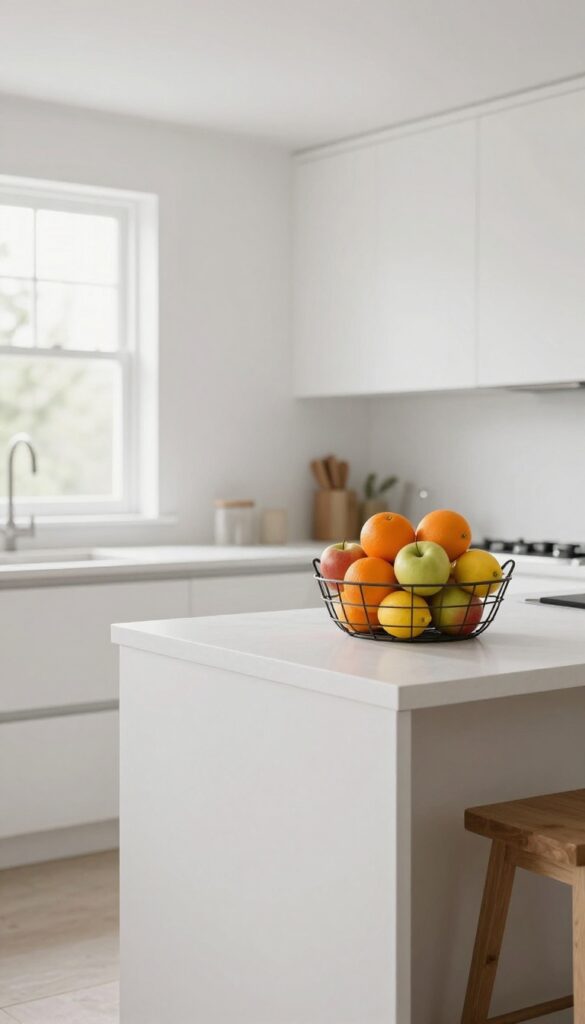 Two-tiered wire fruit basket on a kitchen island filled with fresh apples, oranges, and lemons