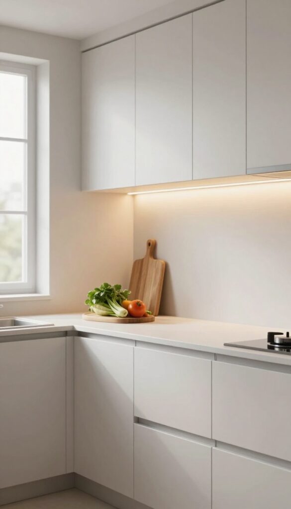 Small kitchen with under-cabinet lighting warming the countertop