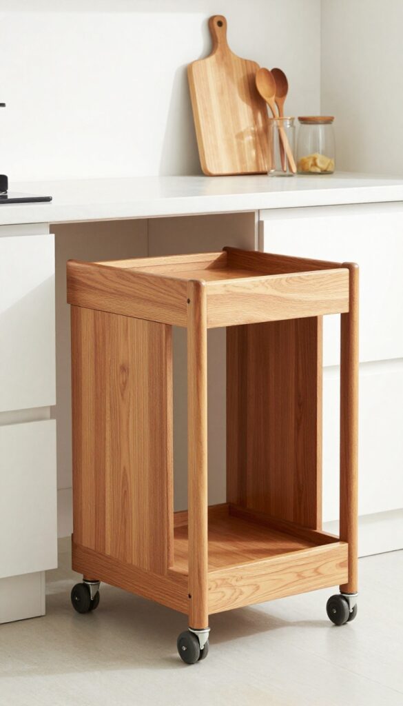 Wooden kitchen trolley with fold-down leaves, cutting board, and jar of wooden spoons in a bright Indian kitchen