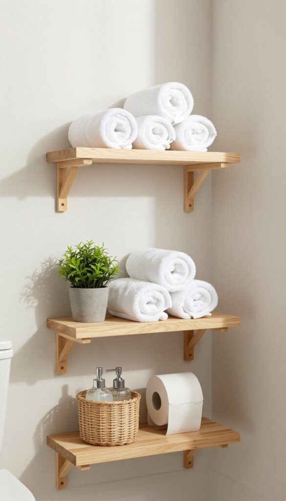 A small bathroom with floating shelves replacing a vanity, featuring rolled towels, a plant, and baskets for storage in bright natural light.