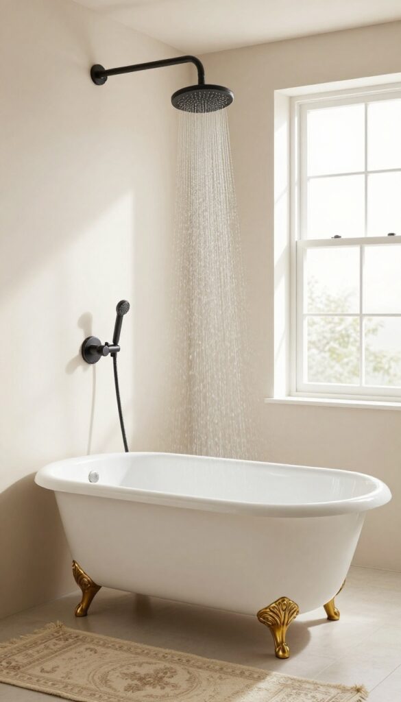 Vintage clawfoot bathtub with modern matte black shower kit in bright neutral bathroom