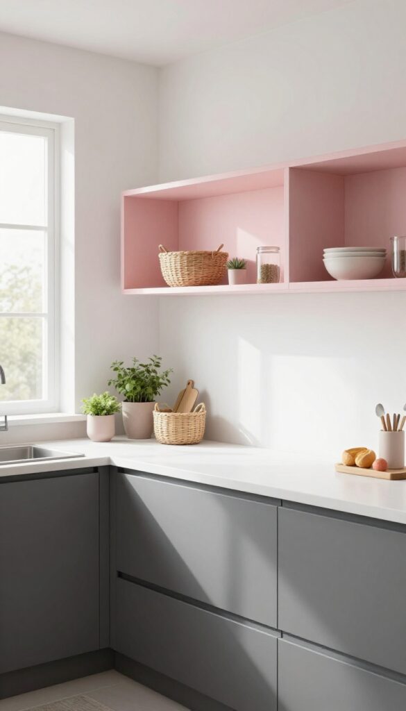 Modern kitchen with charcoal lower cabinets and blush pink open shelving