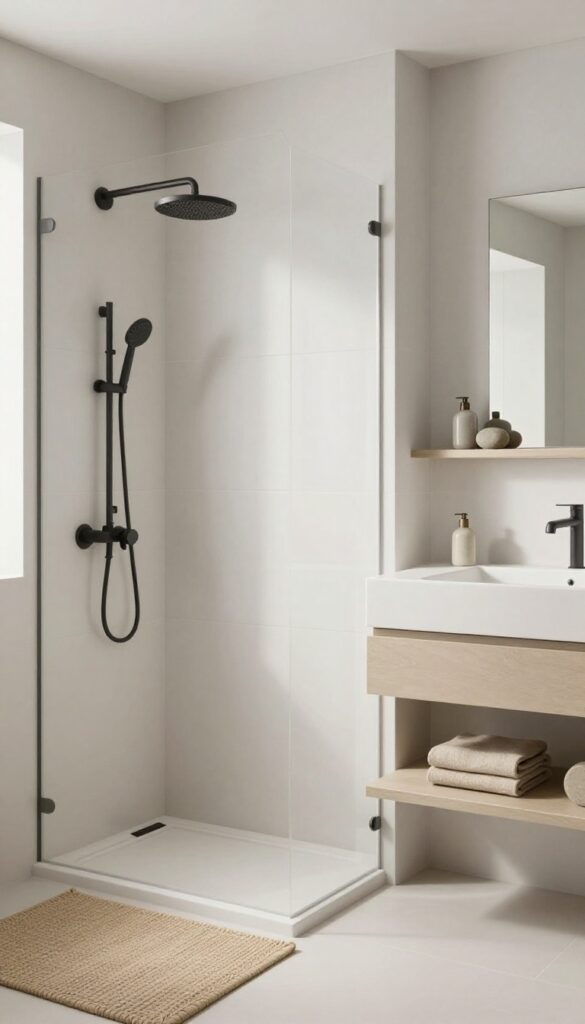 Minimalist bathroom with standing shower, neutral tones, clean lines, and natural light for a relaxing retreat.