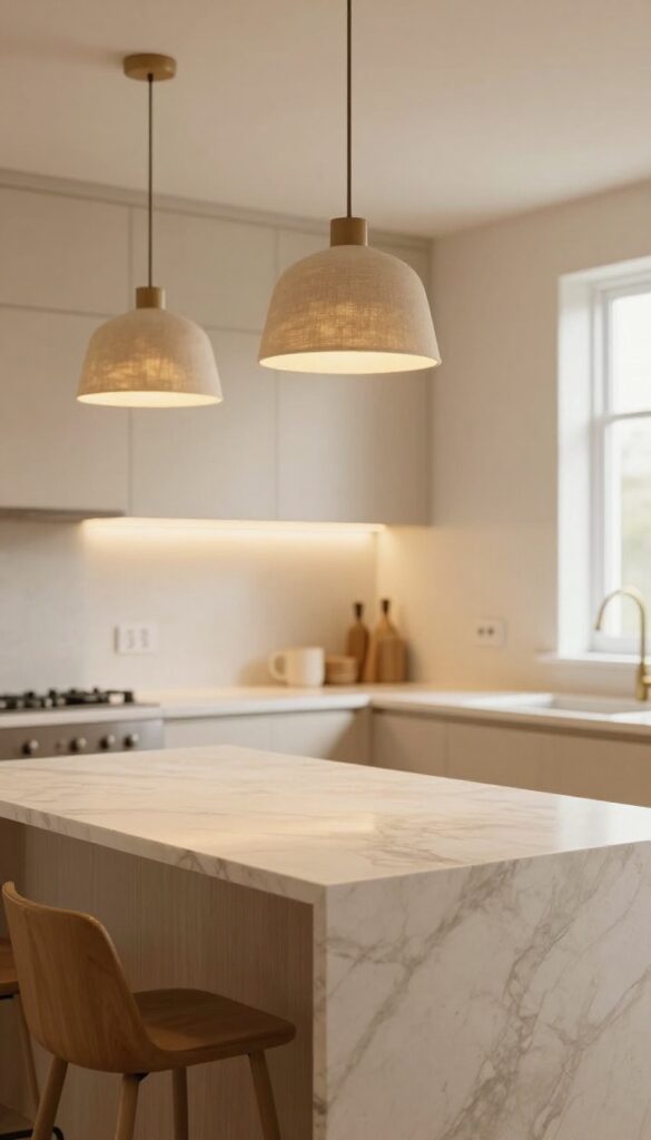 Warm lighting with dimmers in a beige kitchen, featuring fabric-shaded pendants and under-cabinet LEDs