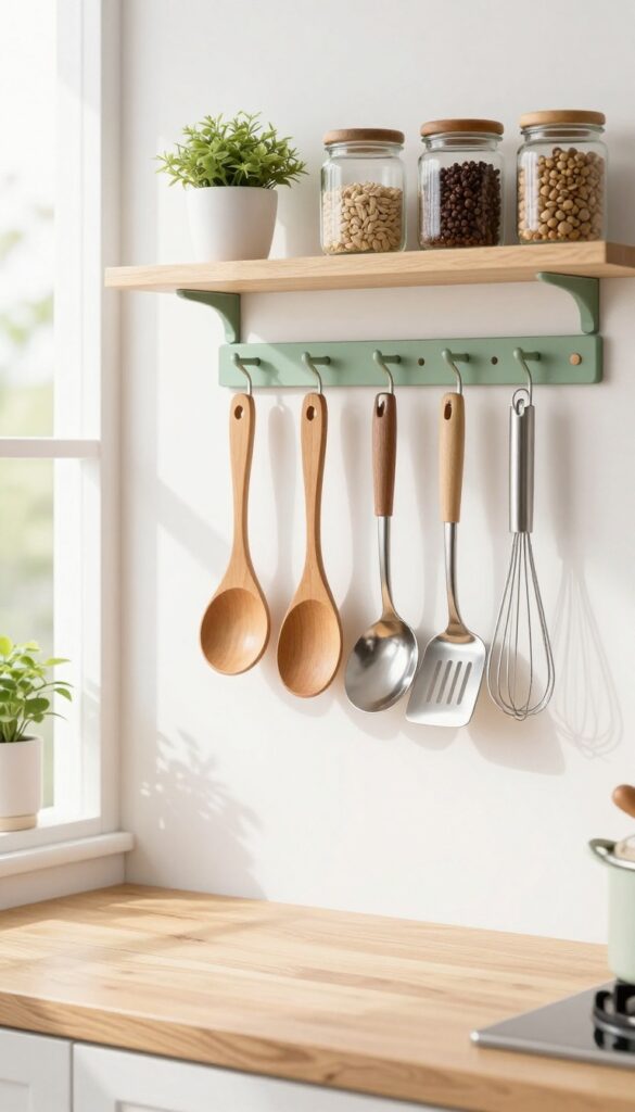 Sage green pegboard in a small kitchen with hanging utensils and a small shelf with spices and a plant