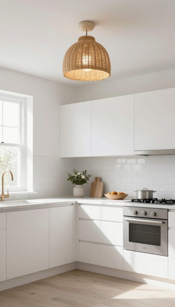 Small kitchen with a single rattan flush mount light fixture centered on ceiling