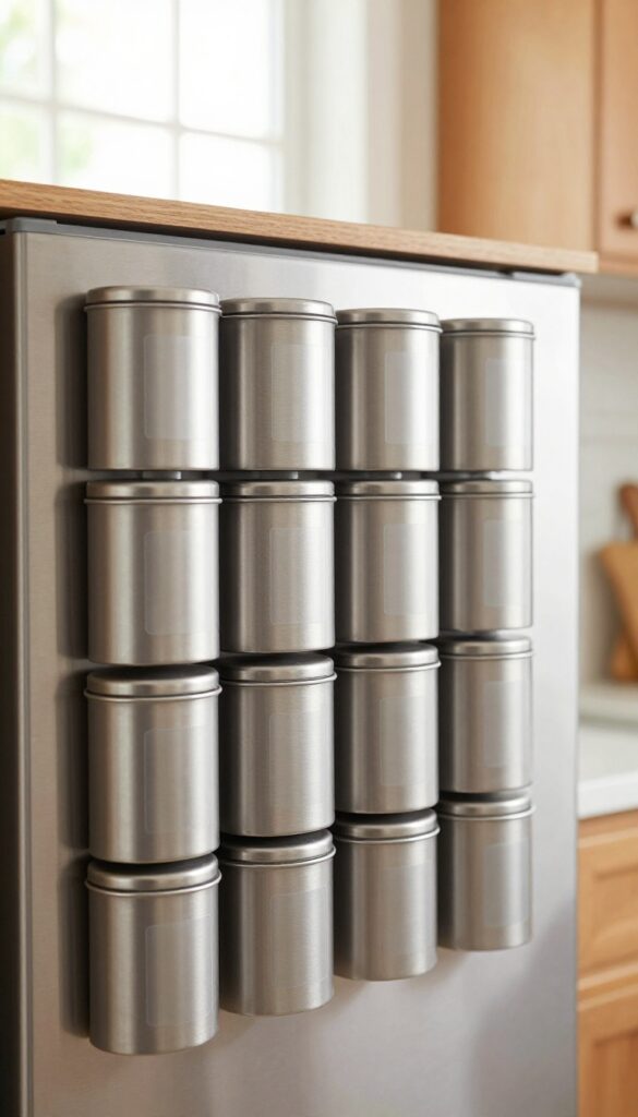 Magnetic spice rack on the side of a refrigerator in a bright modern kitchen