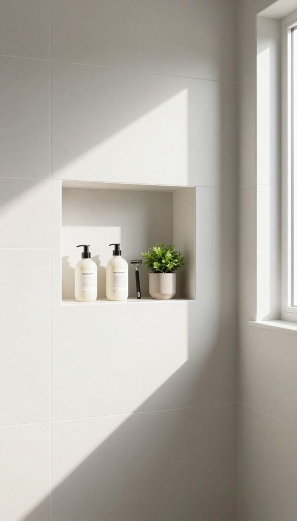 A neo angle shower with built-in niche shelves organizing toiletries in a clean, modern bathroom design.